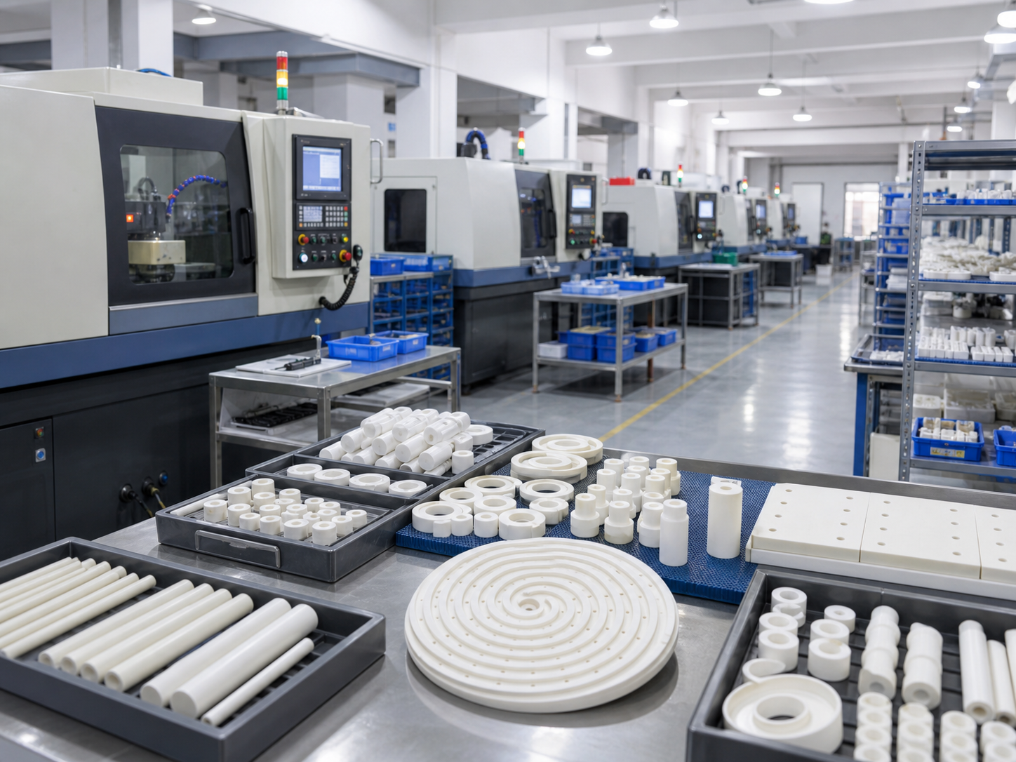 Clean technical ceramics workshop with CNC equipment and ceramic parts